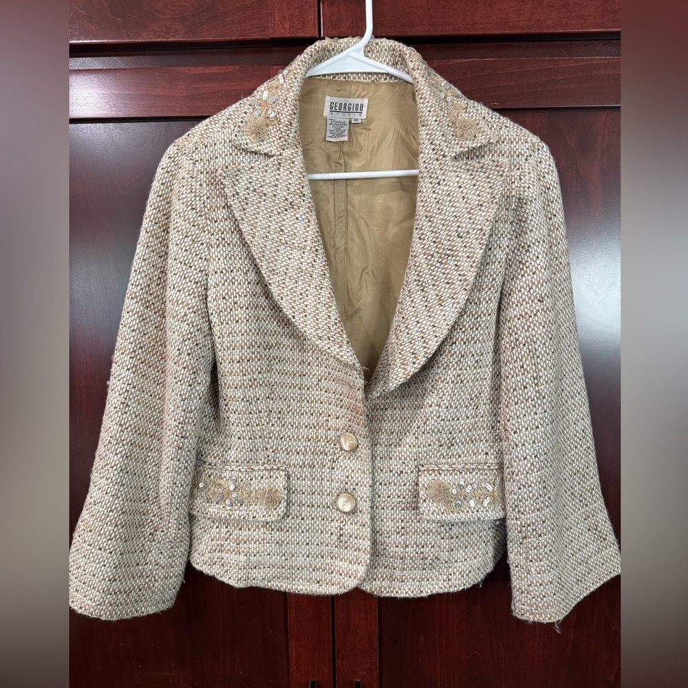 Georgiou Tan Blazer with Cropped Length and Tweed Texture